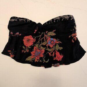 Free People Sz 12 Black Floral Print Tie Front Bandeau Bra Tube Top Women's